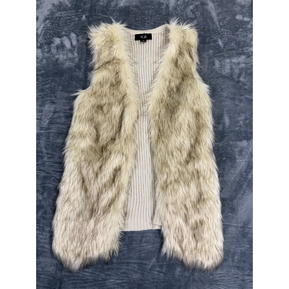 AGB Womens Faux Fur Vest Medium Ribbed Knit Back Beige